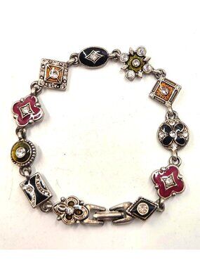 Multi-Color Silver-Tone Bracelet With Geometric & Floral Accents Rhinestone Deta